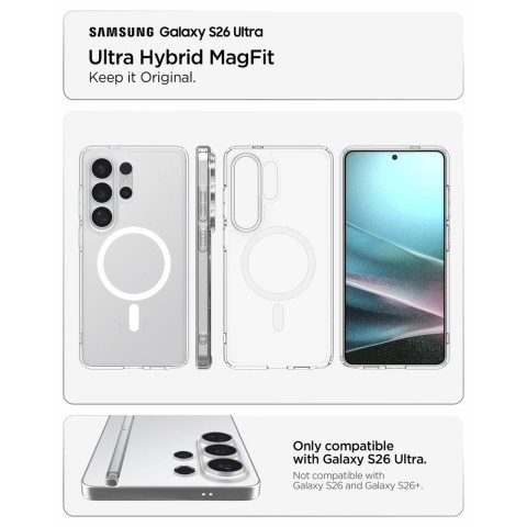 
„Samsung Galaxy S26 Ultra Ultra Hybrid MagSafe“ dėklas – skaidrus ir baltas
