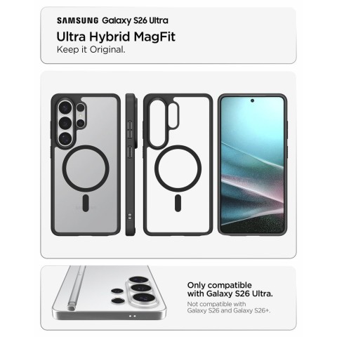 
„Samsung Galaxy S26 Ultra Ultra Hybrid MagSafe“ dėklas – permatomas juodas
