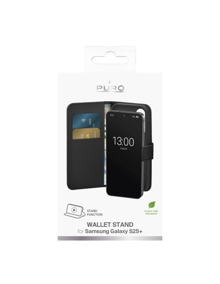 
Dirbtinės odos dėklas su atvartu ir dėkliuku, skirtas „Samsung Galaxy S25+“ knygelės formos dėklui – juodas
