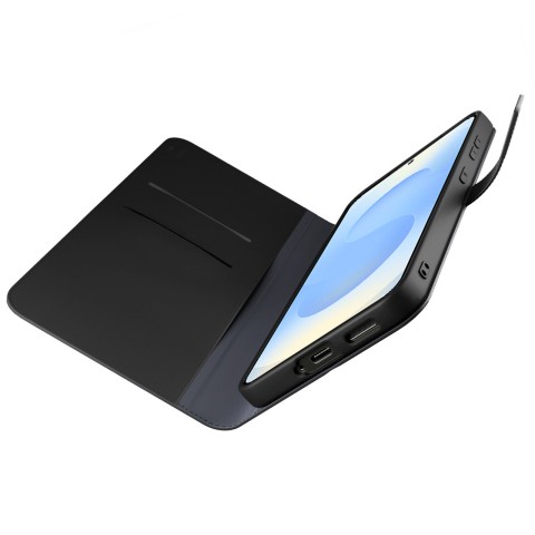 
Dirbtinės odos dėklas su atvartu ir dėkliuku, skirtas „Samsung Galaxy S25+“ knygelės formos dėklui – juodas
