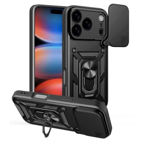 
„Hybrid Armor Camshield“ šarvuotas dėklas su stovu ir kameros dangteliu, skirtas „iPhone 17 Pro“ – juodas
