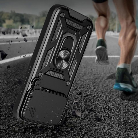 
„Hybrid Armor Camshield“ šarvuotas dėklas su stovu ir kameros dangteliu, skirtas „iPhone 17 Pro“ – juodas
