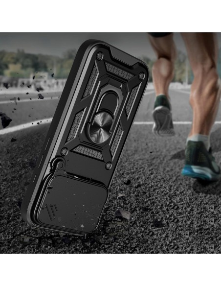 
„Hybrid Armor Camshield“ šarvuotas dėklas su stovu ir kameros dangteliu, skirtas „iPhone 17 Pro“ – juodas
