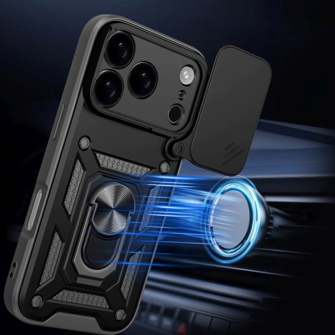 
„Hybrid Armor Camshield“ šarvuotas dėklas su stovu ir kameros dangteliu, skirtas „iPhone 17 Pro“ – juodas
