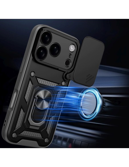 
„Hybrid Armor Camshield“ šarvuotas dėklas su stovu ir kameros dangteliu, skirtas „iPhone 17 Pro“ – juodas
