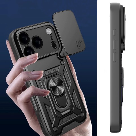 
„Hybrid Armor Camshield“ šarvuotas dėklas su stovu ir kameros dangteliu, skirtas „iPhone 17 Pro“ – juodas
