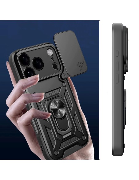 
„Hybrid Armor Camshield“ šarvuotas dėklas su stovu ir kameros dangteliu, skirtas „iPhone 17 Pro“ – juodas
