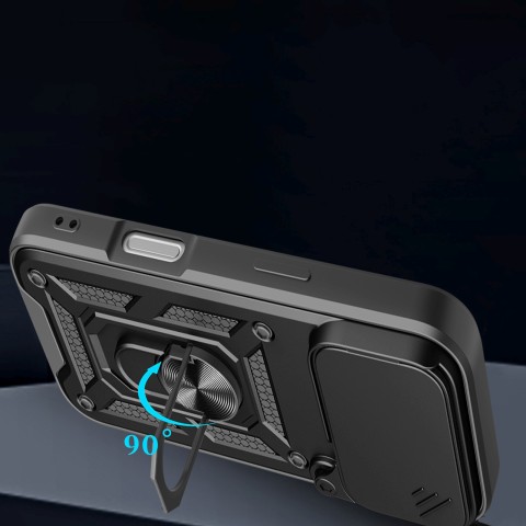 
„Hybrid Armor Camshield“ šarvuotas dėklas su stovu ir kameros dangteliu, skirtas „iPhone 17 Pro“ – juodas
