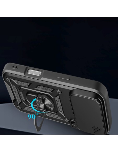
„Hybrid Armor Camshield“ šarvuotas dėklas su stovu ir kameros dangteliu, skirtas „iPhone 17 Pro“ – juodas
