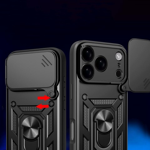 
„Hybrid Armor Camshield“ šarvuotas dėklas su stovu ir kameros dangteliu, skirtas „iPhone 17 Pro“ – juodas
