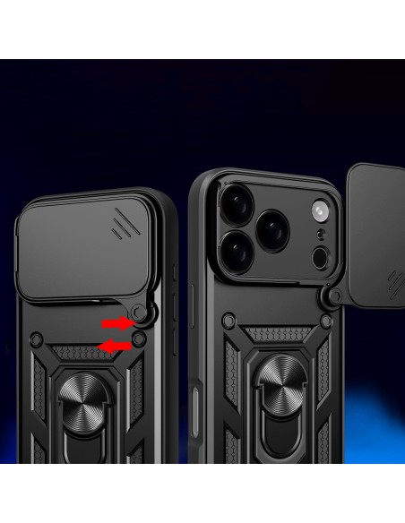 
„Hybrid Armor Camshield“ šarvuotas dėklas su stovu ir kameros dangteliu, skirtas „iPhone 17 Pro“ – juodas
