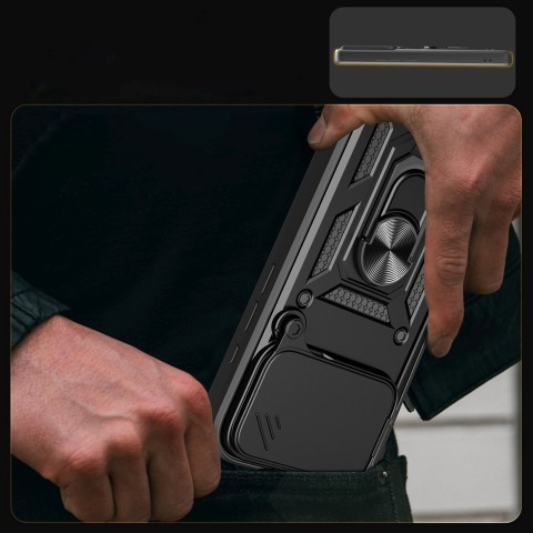 
„Hybrid Armor Camshield“ šarvuotas dėklas su stovu ir kameros dangteliu, skirtas „iPhone 17 Pro“ – juodas

