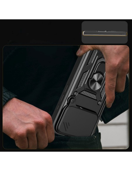
„Hybrid Armor Camshield“ šarvuotas dėklas su stovu ir kameros dangteliu, skirtas „iPhone 17 Pro“ – juodas
