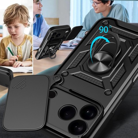 
„Hybrid Armor Camshield“ šarvuotas dėklas su stovu ir kameros dangteliu, skirtas „iPhone 17 Pro“ – juodas
