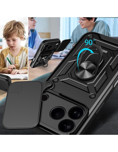 
„Hybrid Armor Camshield“ šarvuotas dėklas su stovu ir kameros dangteliu, skirtas „iPhone 17 Pro“ – juodas

