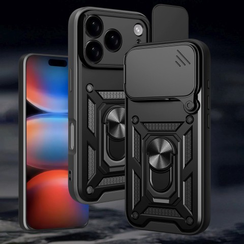 
„Hybrid Armor Camshield“ šarvuotas dėklas su stovu ir kameros dangteliu, skirtas „iPhone 17 Pro“ – juodas
