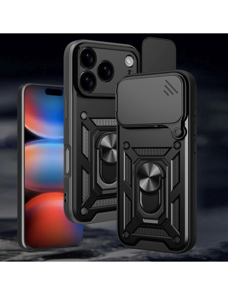 
„Hybrid Armor Camshield“ šarvuotas dėklas su stovu ir kameros dangteliu, skirtas „iPhone 17 Pro“ – juodas
