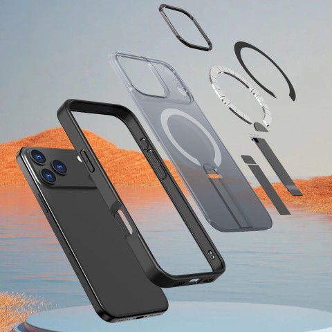 
„iPhone 17 Pro Hybrid Armor X MagSafe“ dėklas su stovu – juodas
