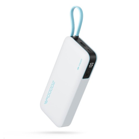 
20000mAh USB-A USB-C išorinė baterija su integruotu USB-C laidu, 55W – balta
