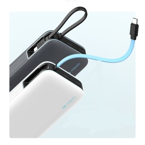 
20000mAh USB-A USB-C išorinė baterija su integruotu USB-C laidu, 55W – balta
