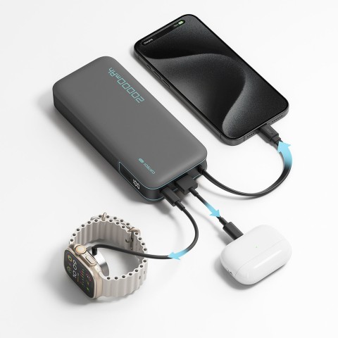 
20000mAh USB-A USB-C išorinė baterija su integruotu USB-C laidu, 55W – balta

