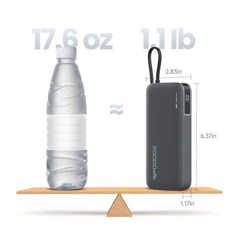 
20000mAh USB-A USB-C išorinė baterija su integruotu USB-C laidu, 55W – balta
