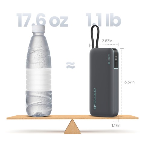 
20000mAh USB-A USB-C išorinė baterija su integruotu USB-C laidu 55W - pilka
