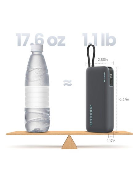 
20000mAh USB-A USB-C išorinė baterija su integruotu USB-C laidu 55W - pilka
