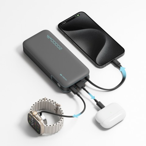 
20000mAh USB-A USB-C išorinė baterija su integruotu USB-C laidu 55W - pilka
