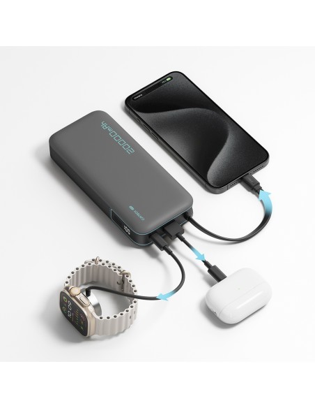 
20000mAh USB-A USB-C išorinė baterija su integruotu USB-C laidu 55W - pilka

