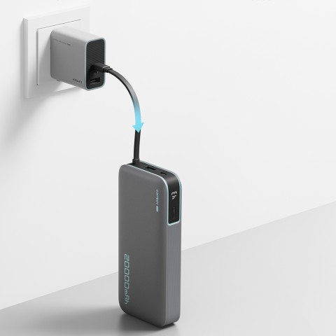
20000mAh USB-A USB-C išorinė baterija su integruotu USB-C laidu 55W - pilka
