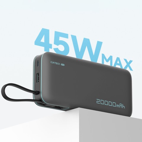 
20000mAh USB-A USB-C išorinė baterija su integruotu USB-C laidu 55W - pilka
