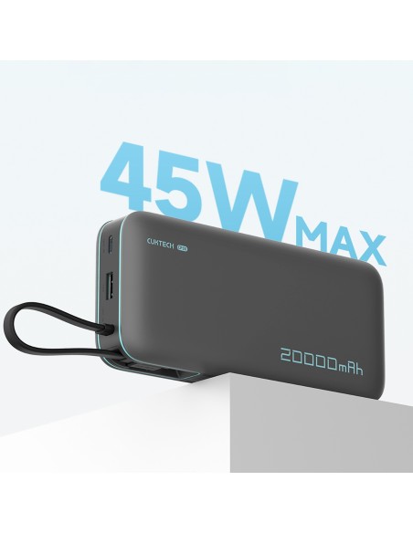 
20000mAh USB-A USB-C išorinė baterija su integruotu USB-C laidu 55W - pilka
