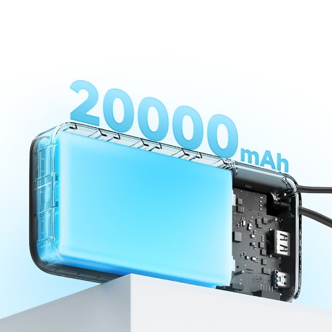 
20000mAh USB-A USB-C išorinė baterija su integruotu USB-C laidu 55W - pilka
