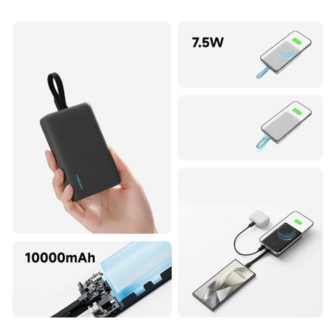 
10000mAh USB-C magnetinė išorinė baterija su integruotu USB-C laidu – balta
