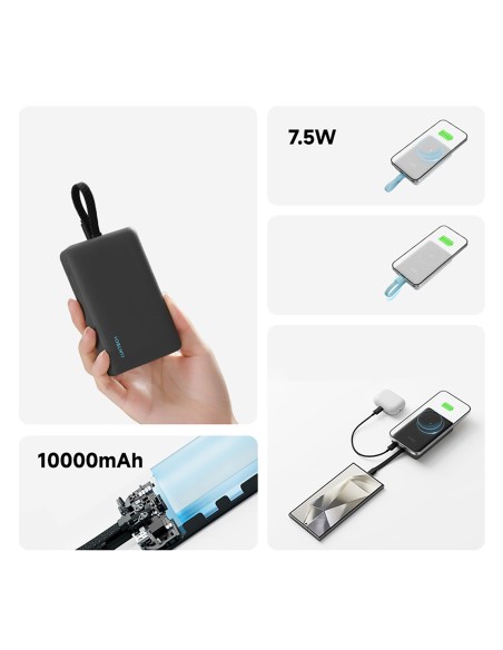 
10000mAh USB-C magnetinė išorinė baterija su integruotu USB-C laidu – balta
