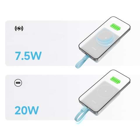 
10000mAh USB-C magnetinė išorinė baterija su integruotu USB-C laidu – balta
