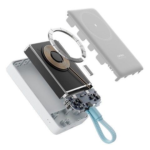 
10000mAh USB-C magnetinė išorinė baterija su integruotu USB-C laidu – balta
