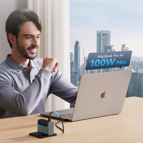 
USB-C USB-A sieninis įkroviklis su USB-C GaN laidu, 100 W – pilkas
