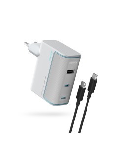 
USB-C USB-A sieninis įkroviklis su GaN laidu, 100 W – baltas
