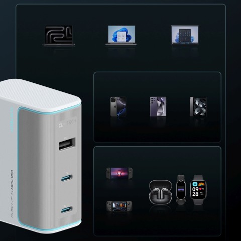 
USB-C USB-A sieninis įkroviklis su GaN laidu, 100 W – baltas
