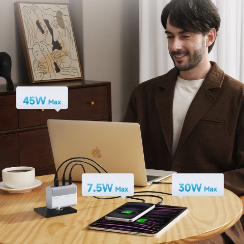 
USB-C USB-A sieninis įkroviklis su GaN laidu, 100 W – baltas
