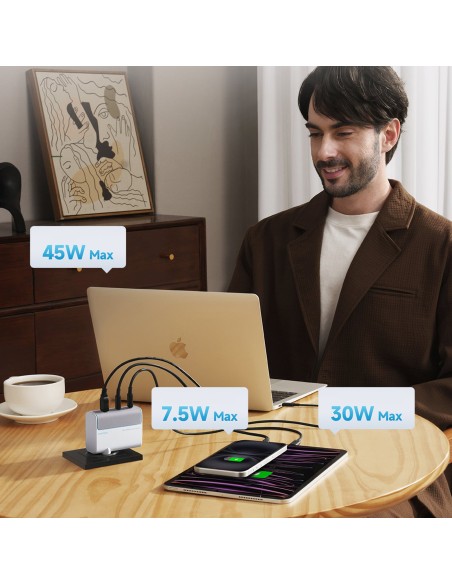 
USB-C USB-A sieninis įkroviklis su GaN laidu, 100 W – baltas
