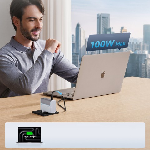
USB-C USB-A sieninis įkroviklis su GaN laidu, 100 W – baltas
