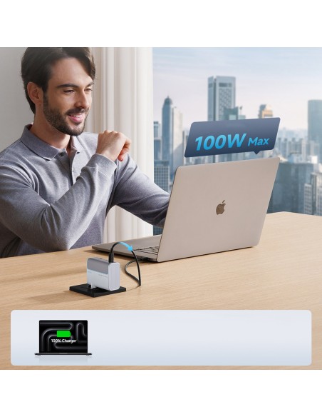 
USB-C USB-A sieninis įkroviklis su GaN laidu, 100 W – baltas
