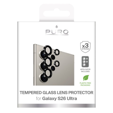 
Grūdintas stiklas „Samsung Galaxy S26 Ultra Individual“ galinei kamerai – su juodais rėmeliais
