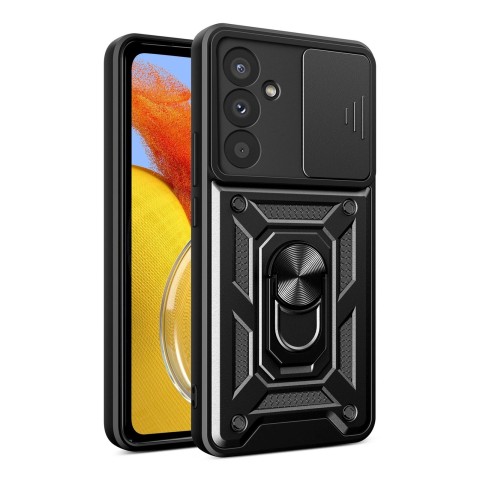 
„Hybrid Armor Camshield“ šarvinis dėklas, skirtas „Samsung Galaxy A37“ su kameros dangteliu ir stovu – juodas
