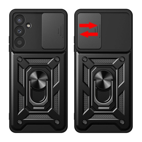 
„Hybrid Armor Camshield“ šarvinis dėklas, skirtas „Samsung Galaxy A37“ su kameros dangteliu ir stovu – juodas
