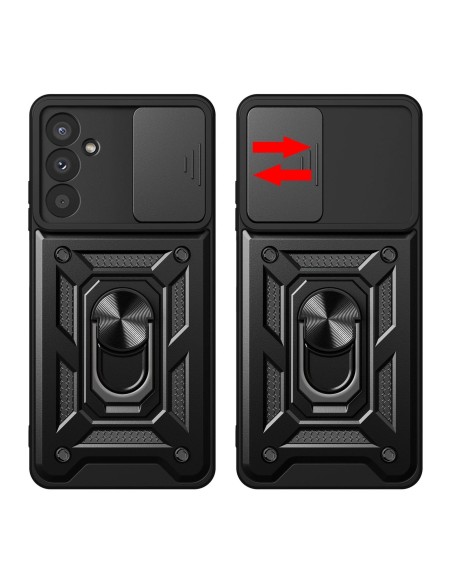 
„Hybrid Armor Camshield“ šarvinis dėklas, skirtas „Samsung Galaxy A37“ su kameros dangteliu ir stovu – juodas
