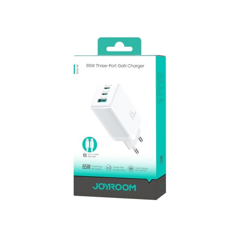 
USB-C USB-A GaN 65W sieninis įkroviklis su 100W USB-C laidu (1,2 m) – baltas
